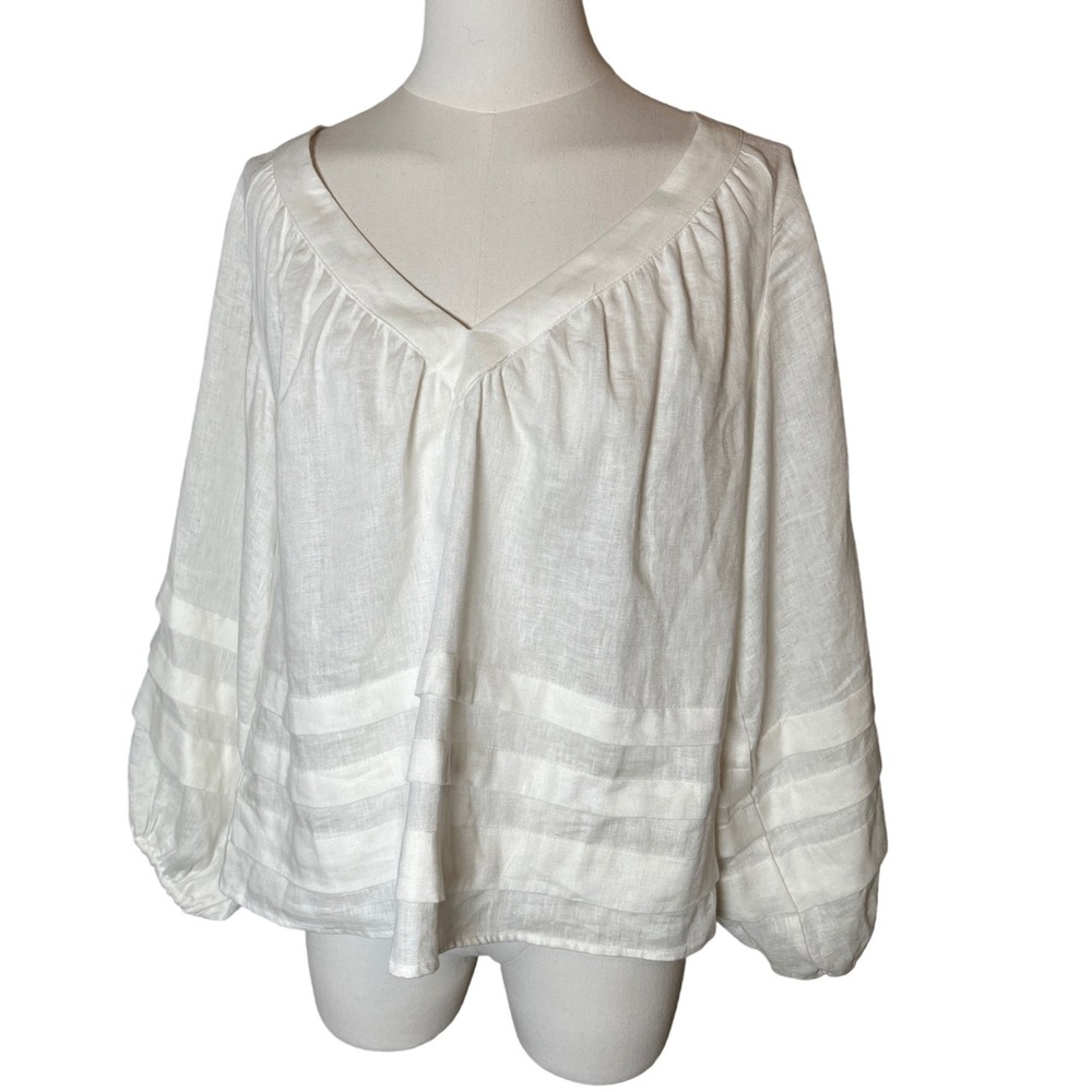 Esmaee 100% Linen Glow Blouse XS‎ White Balloon Sleeve Peasant Top Coastal Chic